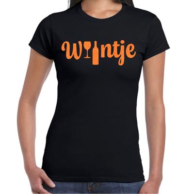 Koningsdag verkleed t-shirt dames - wijntje - met fles en glas - glitter oranje - zwart
