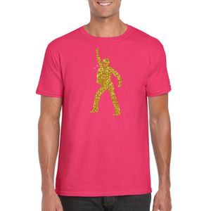 Disco verkleed t-shirt voor heren - roze - gouden glitter - jaren 70/80