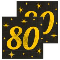 Verjaardag feest servetten - leeftijd 80 jaar - 32x stuks - zwart/goud - sterren - 33 x 33 cm
