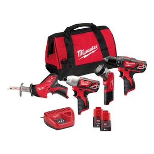 Milwaukee M12 BPP4A-202B Powerpack (M12 BDD + M12 BID + C12 HZ + C12 T + 2 x 2,0 Ah accu + 30 min. lader + contractor bag) - 4933441240