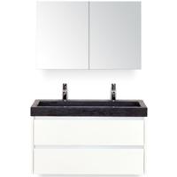 Dante Badmeubelset 100 cm - Wit Hoogglans - Wastafel Hardsteen Wit Lucca 2 Kraangaten met Spiegelkast