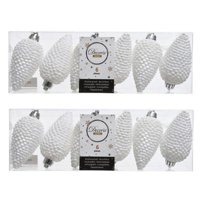 Kersthangers dennenappels - 24x st - wit - glitter - 8 cm - kunststof - kerstversiering