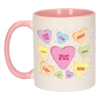 Cadeau koffiemok voor zus/zusje - hartjes snoepjes - roze - verjaardag kado - mok met tekst