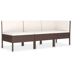 vidaXL 3-delige Loungeset met kussens poly rattan bruin