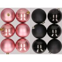 12x stuks kunststof kerstballen mix van oudroze en zwart 8 cm - Kerstbal - thumbnail