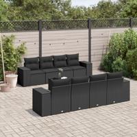 9-delige Loungeset met kussens poly rattan zwart