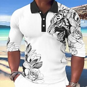 Voor heren POLO Shirt Golfshirt Bloemig Tijger Grafische prints Strijkijzer Wit Blozend Roze blauw Groen Khaki Buiten Straat Lange mouw Afdrukken Kleding Modieus Streetwear Ontwerper Zacht Lightinthebox