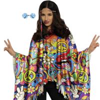Hippie verkleed set - poncho en bril blauw - one size - Jaren 60/flower power verkleedkleding