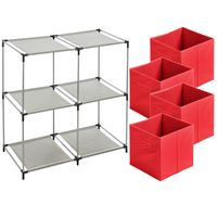 Kastmandjes/opberg mandjes - rood - 4x stuks van 29 Liter - In rekje van 67 x 68 cm