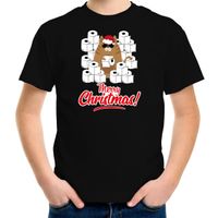 Fout Kerst t-shirt / outfit met hamsterende kat Merry Christmas zwart voor kinderen - thumbnail