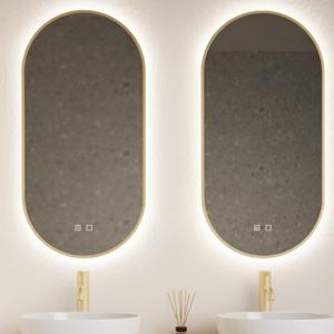 Spiegel Gliss Design Aura 40x100cm Mat Goud Ovaal Met LED Verlichting & Geintegreerde Spiegelverwarming