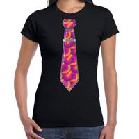 Verkleed T-shirt voor dames - 70s stropdas - zwart - jaren 70 - foute party - carnaval/themafeest - thumbnail