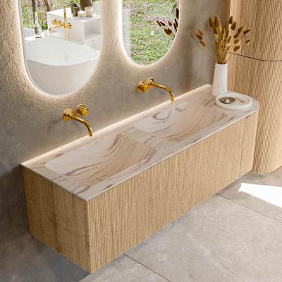 Badmeubel Mondiaz Kurve-Dlux | 145 cm | Meubelkleur Oak | Wastafelkleur Nata | Solid surface | Dubbel / Links spoelbak | Zonder kraangat(en)