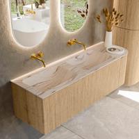Badmeubel Mondiaz Kurve-Dlux | 145 cm | Meubelkleur Oak | Wastafelkleur Nata | Solid surface | Dubbel / Links spoelbak | Zonder kraangat(en)