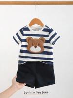Bon&Bon 2pcs/Set Baby Boy Casual Bear Graphic Colorful Striped Short Sleeve Top And Shorts Set Multicolor / 6-9M