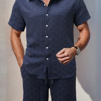 Bon&Bon Men's 2-Piece White Button Up Shirt and Shorts Vacation Set Navy Blue / XXL