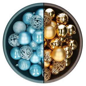 Kerstballen - 74x st - goud en ijsblauw - 6 cm - kunststof