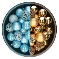 Kerstballen - 74x st - goud en ijsblauw - 6 cm - kunststof - thumbnail