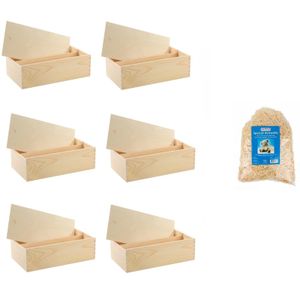 6x Houten wijnkist/verpakking met schuifdeksel/300 gram houtwol