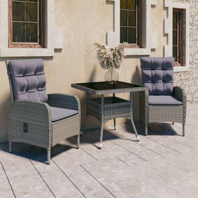 3-delige Tuinset poly rattan en glas grijs