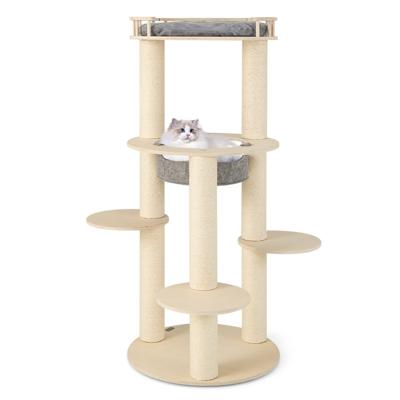 Krabpaal van Hout 6 Verdiepingen met Hangmat & 4 Ligvlakken & 3 Krabzuilen Grote Kattenkrabpaal Kattenmeubel Klimboom 66 x 66 x 150 cm