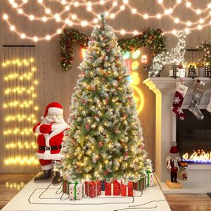 195 cm Kunstkerstboom met Verlichting Sneeuw Dennenappels en Rode Bessen 8 Verlichtingsmodi 420 Warmwitte Ledlampen Kerstboom