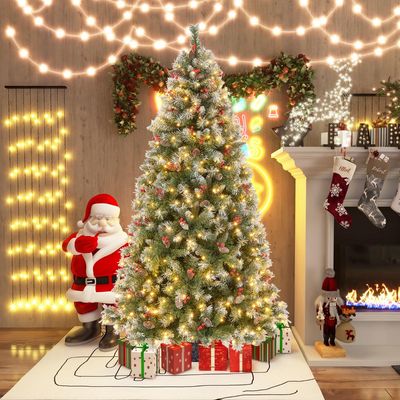195 cm Kunstkerstboom met Verlichting Sneeuw Dennenappels en Rode Bessen 8 Verlichtingsmodi 420 Warmwitte Ledlampen Kerstboom