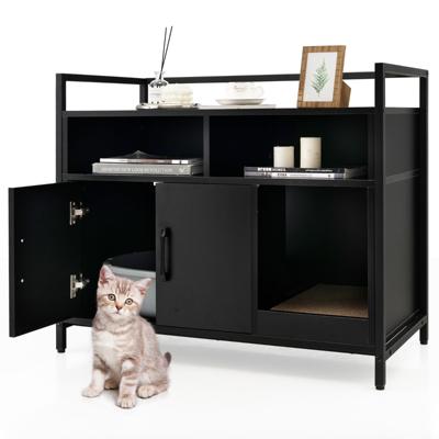 Kattenkast Kattenbak Verborgen Kattentoilet met Dubbele Deuren en Krabplank voor Ingang Slaapkamer Woonkamer 90 x 45 x 74 cm Zwart/Wit/Bruin