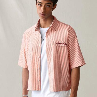 Bon&Bon Men's Striped Short Sleeve Shirt | Loose Fit Casual Blue Top Orange / M