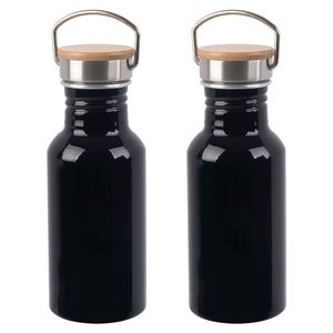 2x Stuks aluminium waterfles/drinkfles zwart met bamboe schroefdop 550 ml - Drinkflessen