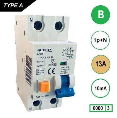 SEP Aardlekautomaat 13A B Kar 10mA 2 polig 36mm RCM2 Kema Keur 230V automaat en aardlek in een
