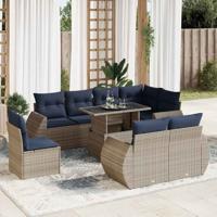 9-delige Loungeset met kussens poly rattan acacia grijs