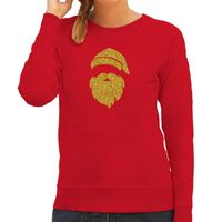 Kerstman hoofd Kerst sweater / trui rood voor dames met gouden glitter bedrukking