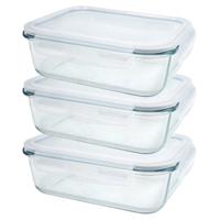 Vershoudbakje/lunchbox - 3x - luchtdicht - met clips - glas - 15 x 11 cm - 370 ml