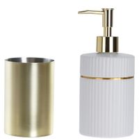 Badkamer accessoires setje drinkbeker en zeeppompje 19 cm wit/goud - thumbnail