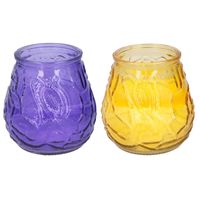 Arti Casa 4x stuks citronella Lowboy tafelkaarsen - 10 cm - geel en paars glas