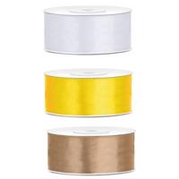 3x kleuren rollen hobby/decoratie satijn sierlint - 2,5 cm x 25 meter - wit, geel en goud