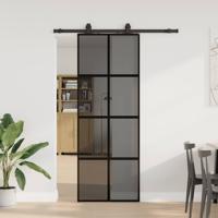 Schuifdeur met beslagset 76x205 cm gehard glas zwart