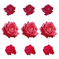 Hang decoratie bloemen/rozen - 3x - rood - karton - 90 cm lang