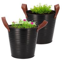 DK Design plantenpot/bloempot emmer Leather- 2x - zink - zwart - D20 x H19 cm - Plantenpotten - thumbnail