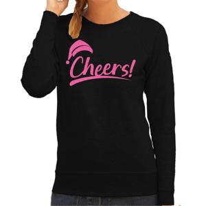 Foute kersttrui/sweater voor dames - Cheers - zwart - glitter roze - Kerstman