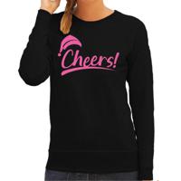 Foute kersttrui/sweater voor dames - Cheers - zwart - glitter roze - Kerstman - thumbnail