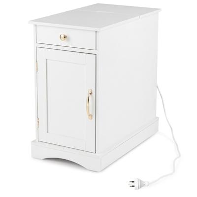 Nachtkastje met Oplaadstation Bijzettafel met Verstelbare Plank Houten Nachtkastje-Wit