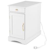 Nachtkastje met Oplaadstation Bijzettafel met Verstelbare Plank Houten Nachtkastje-Wit