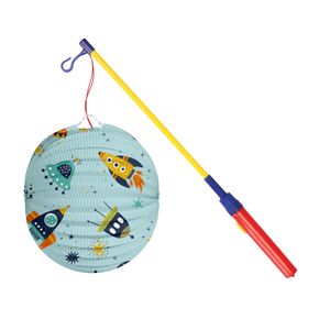 Bol lampion Space - licht blauw - 22 cm - papier - met lampionstokje - 40 cm