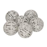 Kerstballen - rotan - 6x st - zilver - D5 cm - glitters - kerstversiering - thumbnail