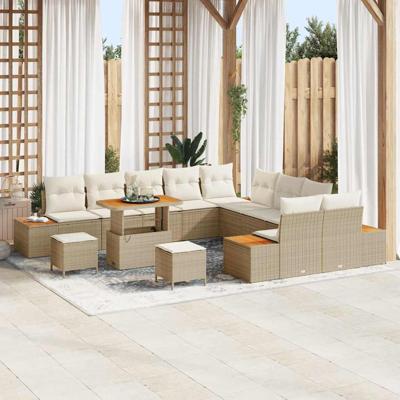 13-delige tuinsofa set met kussens in beige van poly rattan en acacia