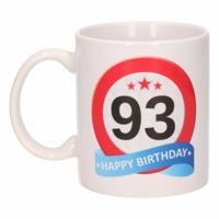 93 jaar Verjaardag koffiemok - cadeau beker - stopbord print - 300 ml - keramiek - wit