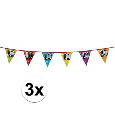 Boland Vlaggenlijn 10 jaar - 3x - multicolor - glitters - 8 meter - kunststof - vlaggetjes