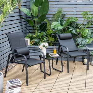 3-Delige Patio Bistro Meubelen Set Buiten Gehard Glas Salontafel en 2 Stapelbare Stoelen 3 Stuks Veranda Meubelen Set Zwart